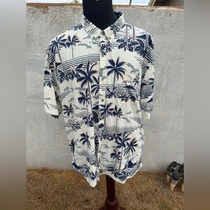 PreOwned Tori Richard Hawaiian Print Full Button White/Blue Men's 2XL